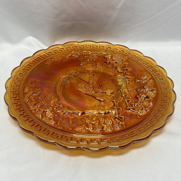 Imperial Carnival Glass Marigold 10" Plate With Homestead Woodland Design - Picture 6 of 10
